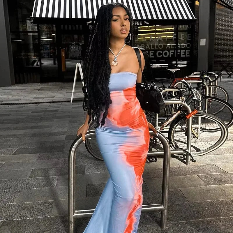 Elegant Strapless Printed Maxi Dress for Women - Off-Shoulder Backless Stretch Long Sundress for Summer Beach Y2K Fashion