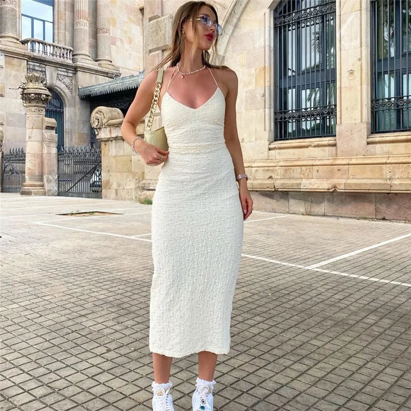 Elegant Sleeveless Long Dresses Y2K Summer Backless Slim Low-Cut Women'S Dress Fashion Solid Knit Streetwear Club Robe