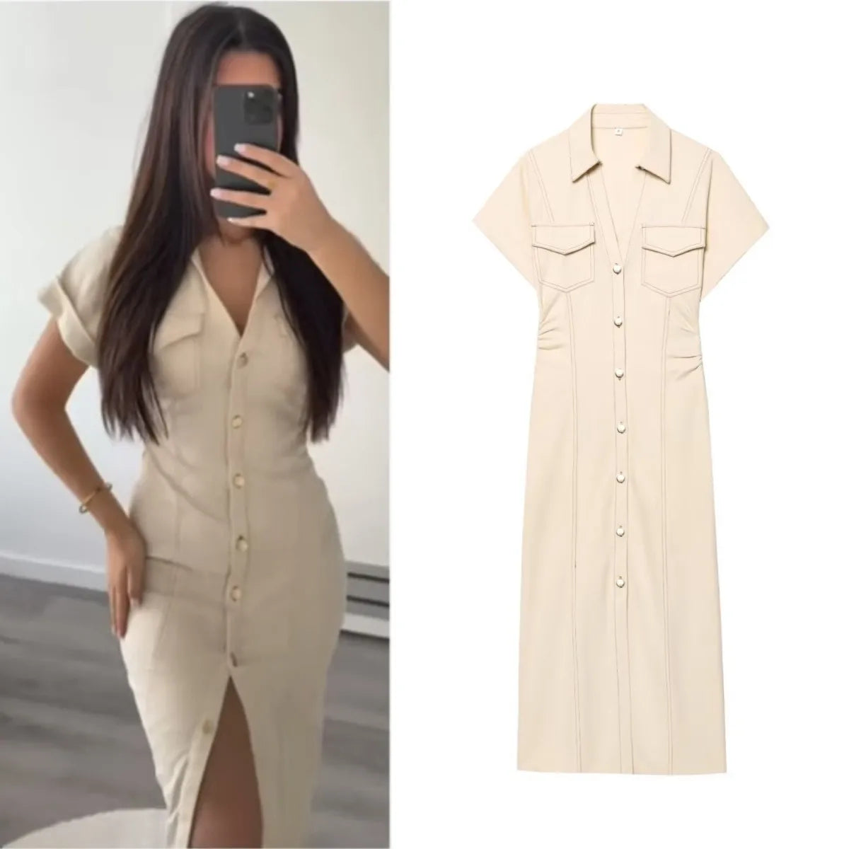 2025 Traf Spring 1975 Series Denim Midi Dress with Lapel and Side Zipper - Elegant Slim Fit Design