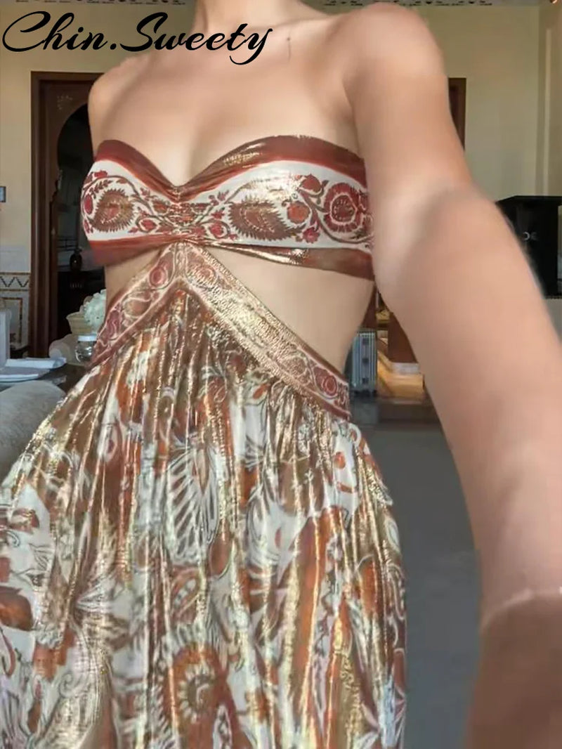 Strapless Backless Beach Print Dress for Women - Summer 2025 Holiday Collection