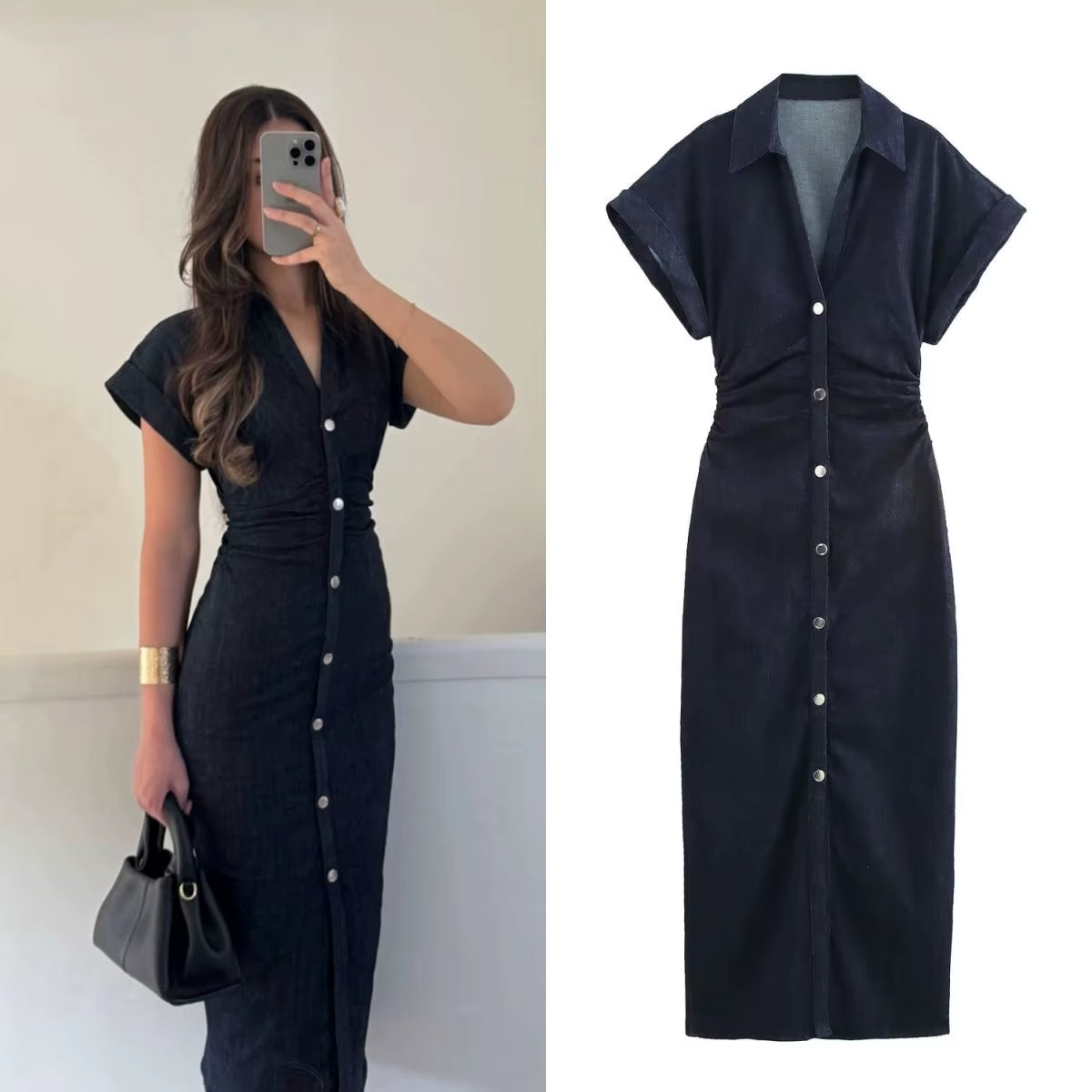 2025 Traf Spring 1975 Series Denim Midi Dress with Lapel and Side Zipper - Elegant Slim Fit Design