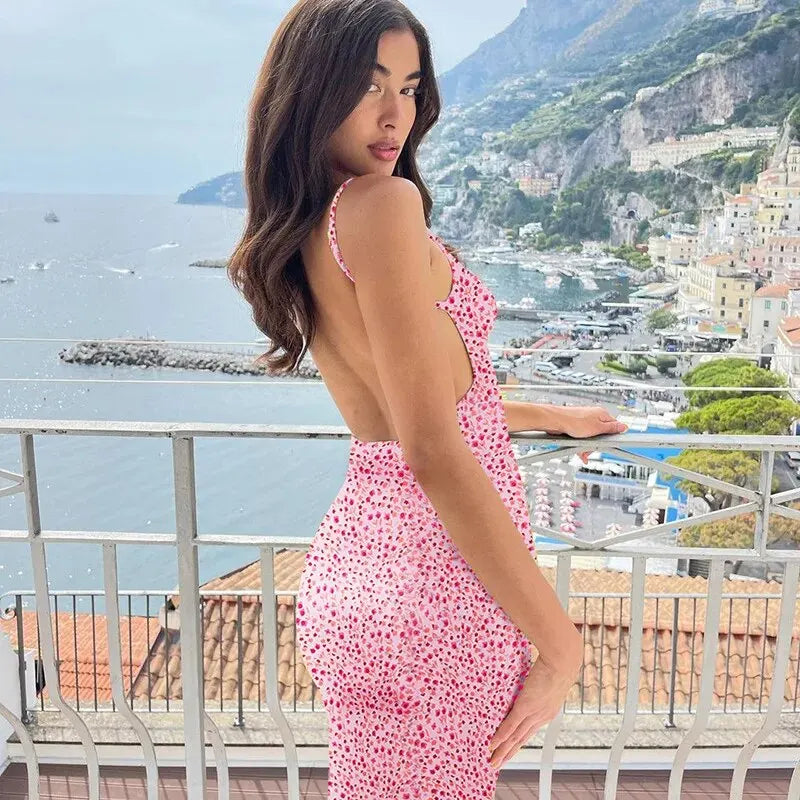 Elegant Floral Backless Suspender Dress for Women - Slimming Beachwear and Fashionable Banquet Attire