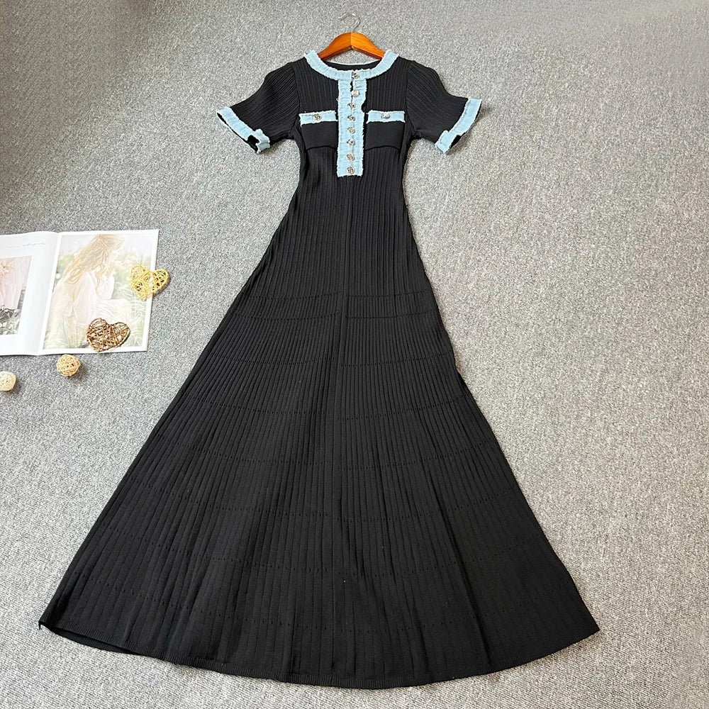 Women's Vintage Denim Patchwork Maxi Dress for Spring/Summer 2025 - O-Neck Knitted Design for Office Wear