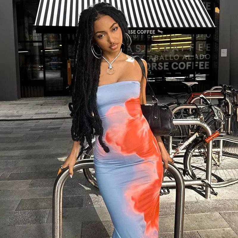 Elegant Strapless Printed Maxi Dress for Women - Off-Shoulder Backless Stretch Long Sundress for Summer Beach Y2K Fashion