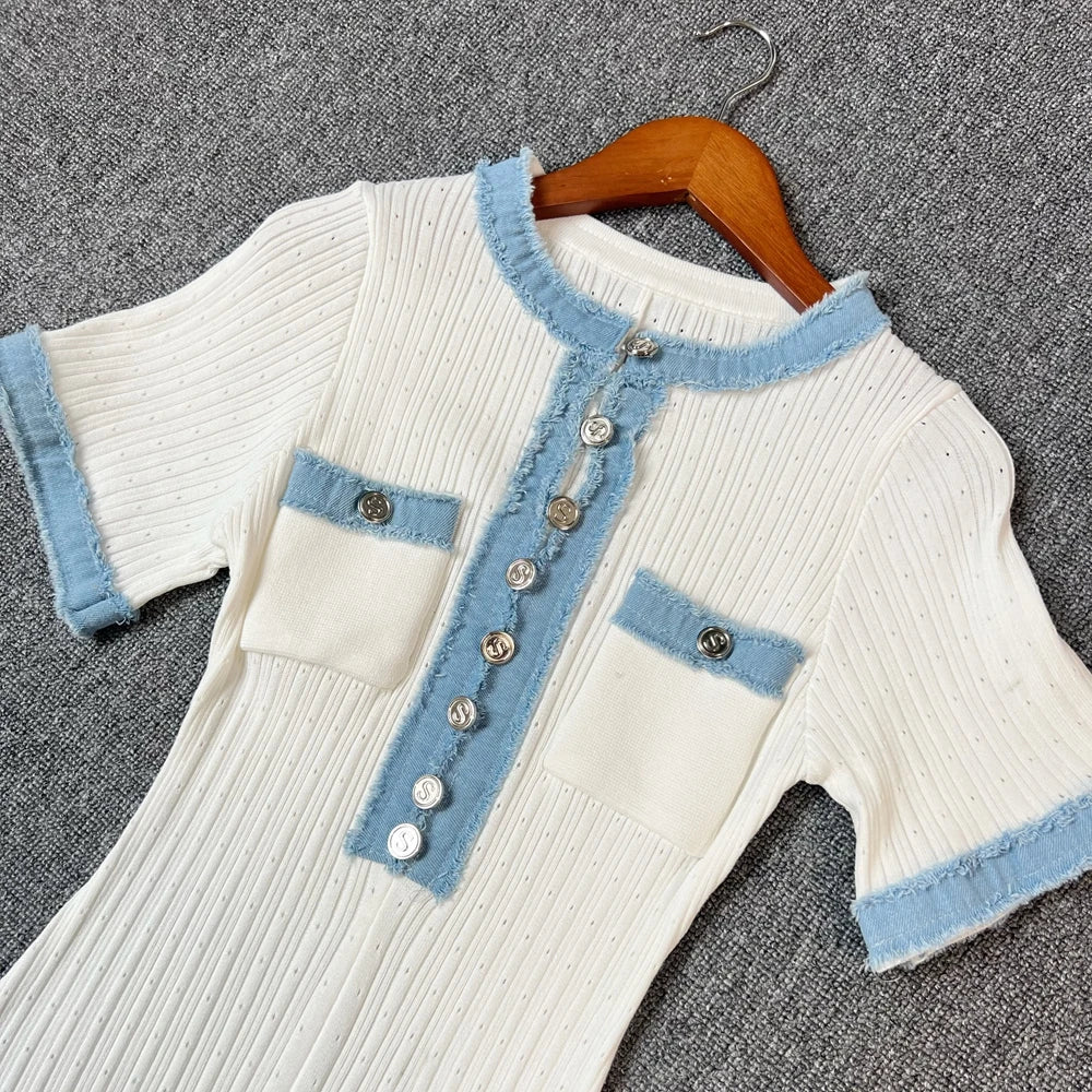 Women's Vintage Denim Patchwork Maxi Dress for Spring/Summer 2025 - O-Neck Knitted Design for Office Wear