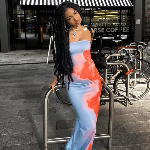 Elegant Strapless Printed Maxi Dress for Women - Off-Shoulder Backless Stretch Long Sundress for Summer Beach Y2K Fashion