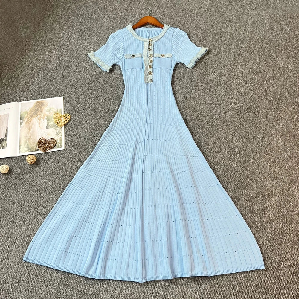 Women's Vintage Denim Patchwork Maxi Dress for Spring/Summer 2025 - O-Neck Knitted Design for Office Wear