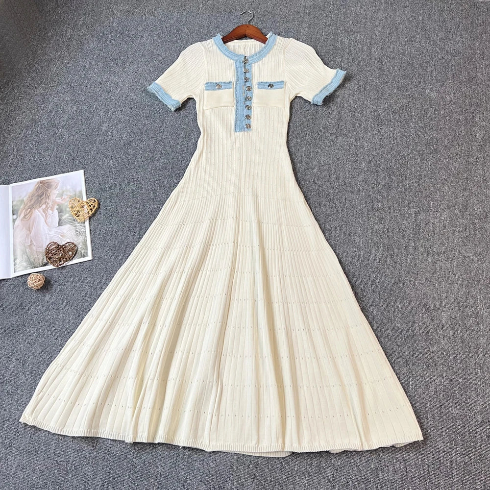 Women's Vintage Denim Patchwork Maxi Dress for Spring/Summer 2025 - O-Neck Knitted Design for Office Wear