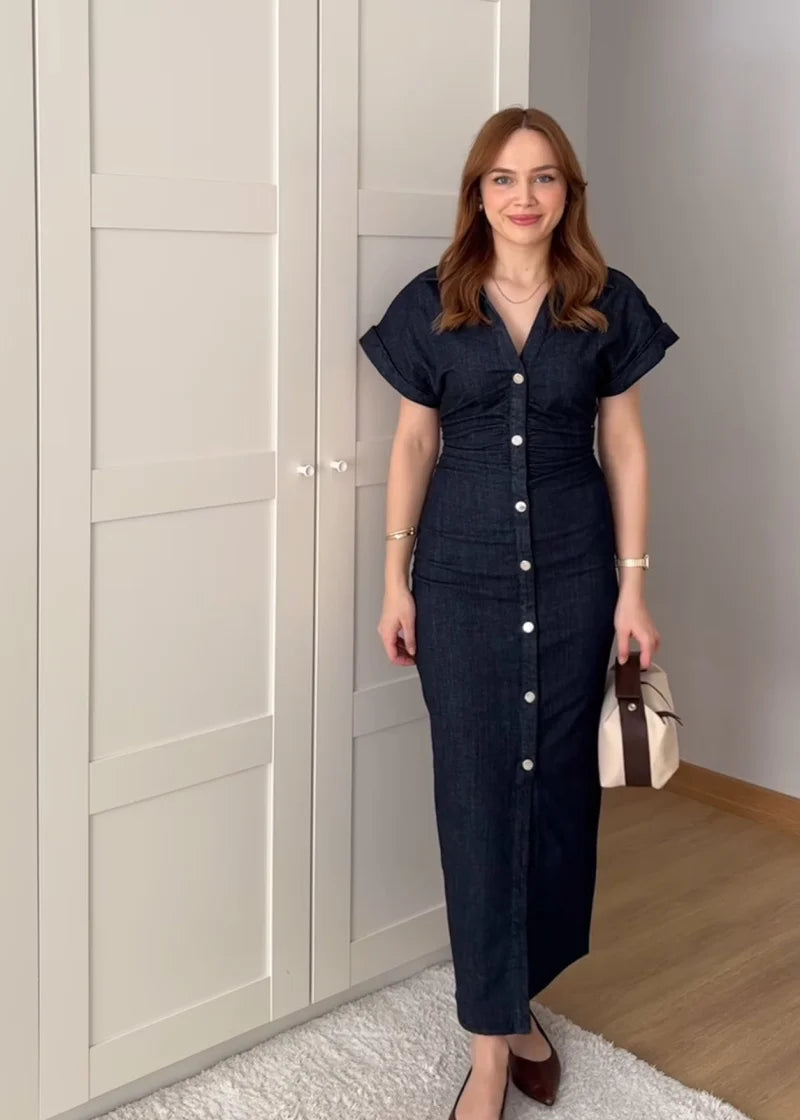 2025 Traf Spring 1975 Series Denim Midi Dress with Lapel and Side Zipper - Elegant Slim Fit Design