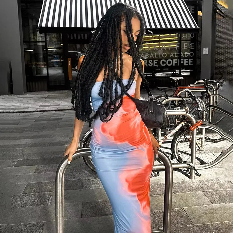 Elegant Strapless Printed Maxi Dress for Women - Off-Shoulder Backless Stretch Long Sundress for Summer Beach Y2K Fashion