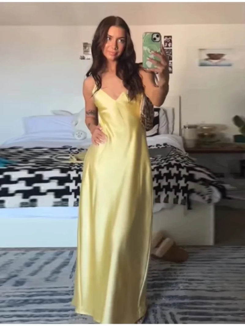 Women Summer Yellow Stain V Neck Sling Dress Elegant Sleeveless Loose Maxi Robes 2025 New Ladies Party Holiday Dresses