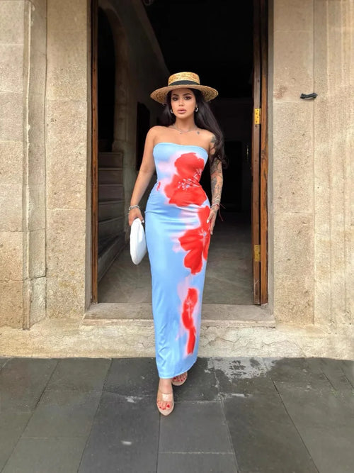 Elegant Strapless Printed Maxi Dress for Women - Off-Shoulder Backless Stretch Long Sundress for Summer Beach Y2K Fashion