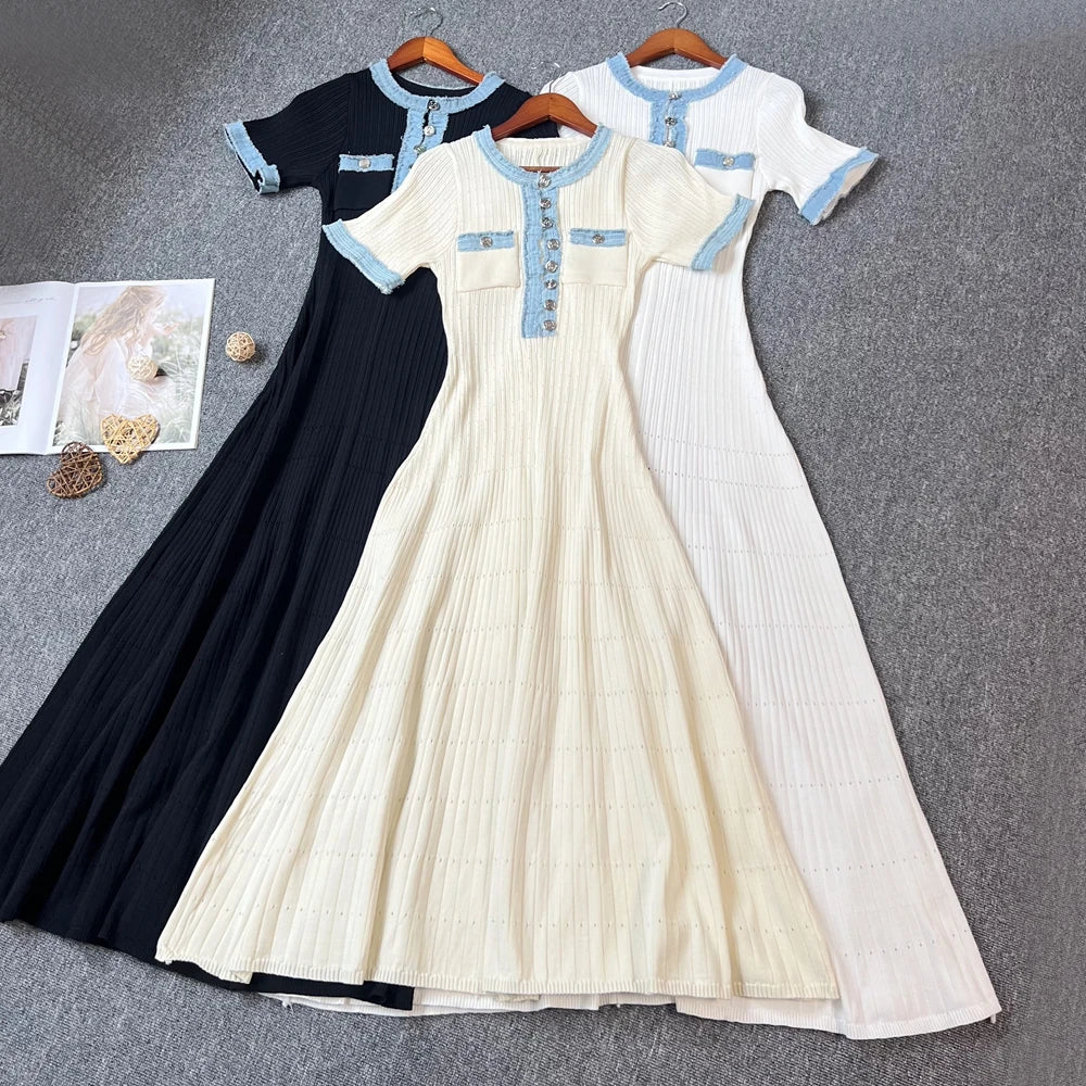 Women's Vintage Denim Patchwork Maxi Dress for Spring/Summer 2025 - O-Neck Knitted Design for Office Wear