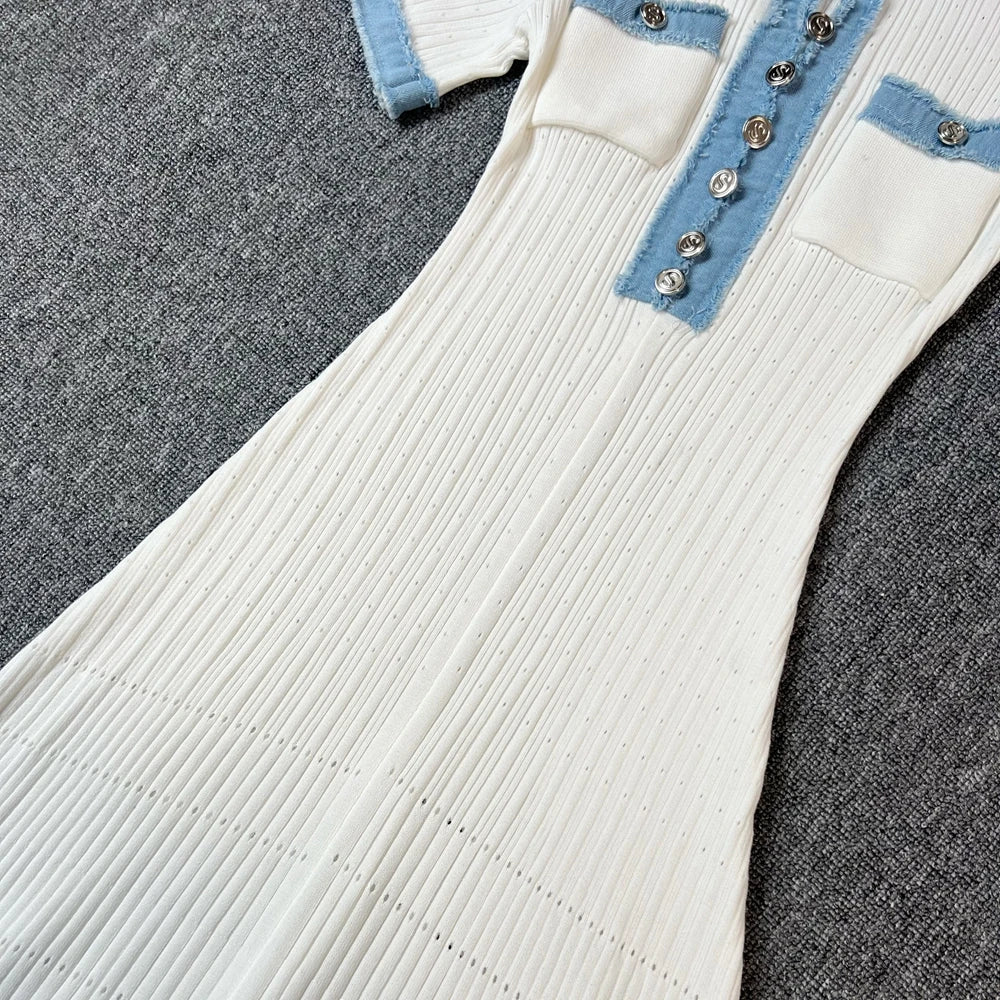Women's Vintage Denim Patchwork Maxi Dress for Spring/Summer 2025 - O-Neck Knitted Design for Office Wear