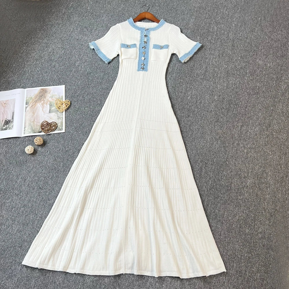 Women's Vintage Denim Patchwork Maxi Dress for Spring/Summer 2025 - O-Neck Knitted Design for Office Wear